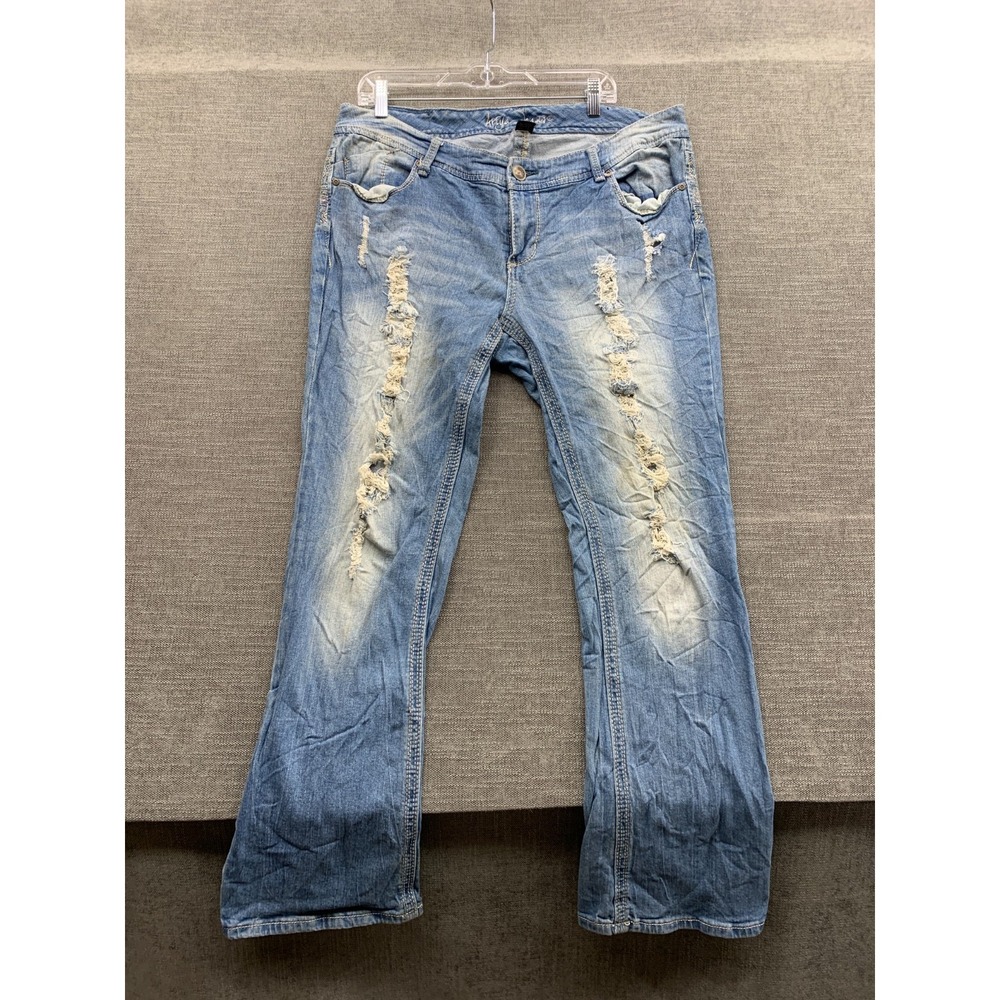 Ariya Bootcut Jeans Womens 16 Blue Denim Cotton Mid Rise Distressed Embroidered